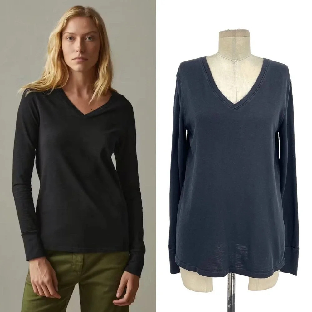 American Giant Premium Slub V-Neck Tee Shirt Top Long Sleeve Black Size Small